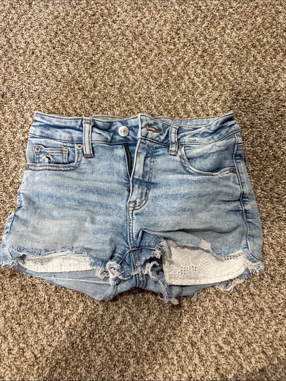 American Eagle Outfitters Light Blue Distressed Denim Shorts with Lace Inset